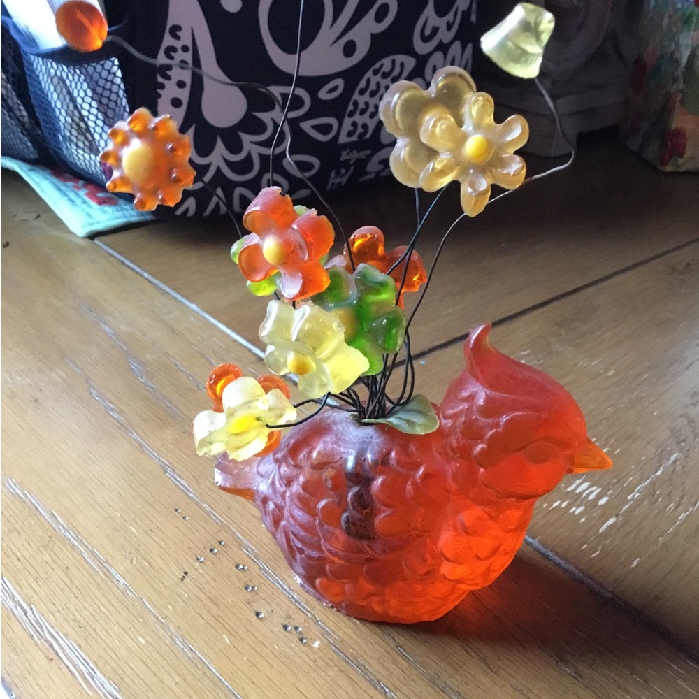 Vintage Decorative Bird Orange flowers on wires GUC
